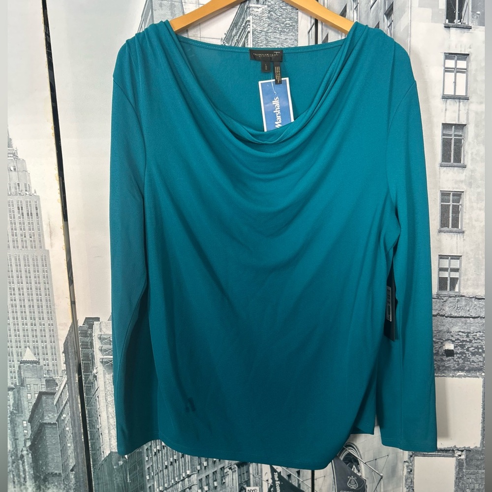 Donna Karan - Teal Draped Cowl Neck Long Sleeve Top